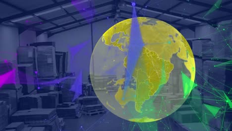 Animation-of-globe-and-digital-interface-with-data-processing-over-warehouse