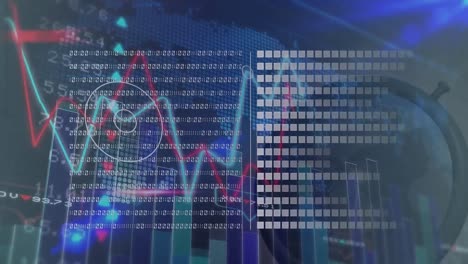 Animation-of-binary-codes,-loading-bars-and-trading-board-over-graphs-against-abstract-background