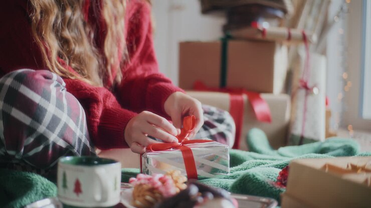 Woman making ribbon bow on wrapped Christmas gift at home