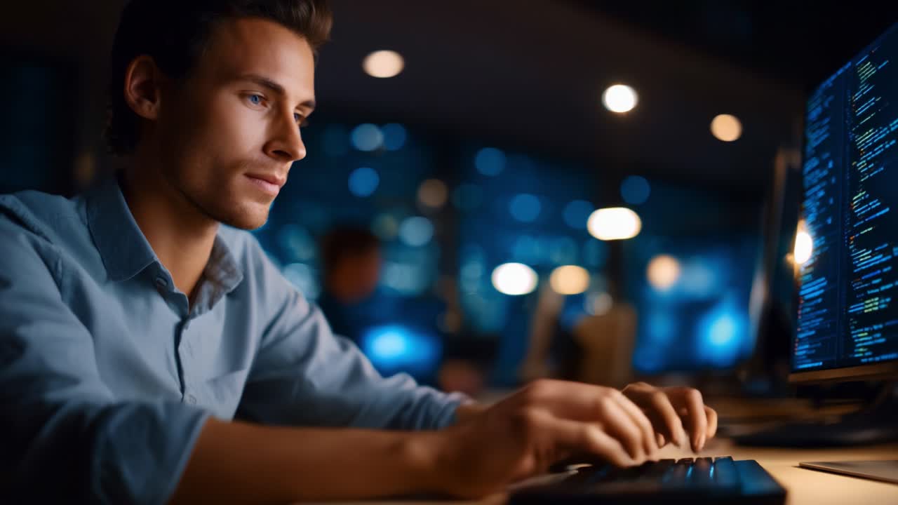 A focused young man working late at night on a computer, engaged in coding with multiple screens displaying lines of code in a modern, dimly lit environment