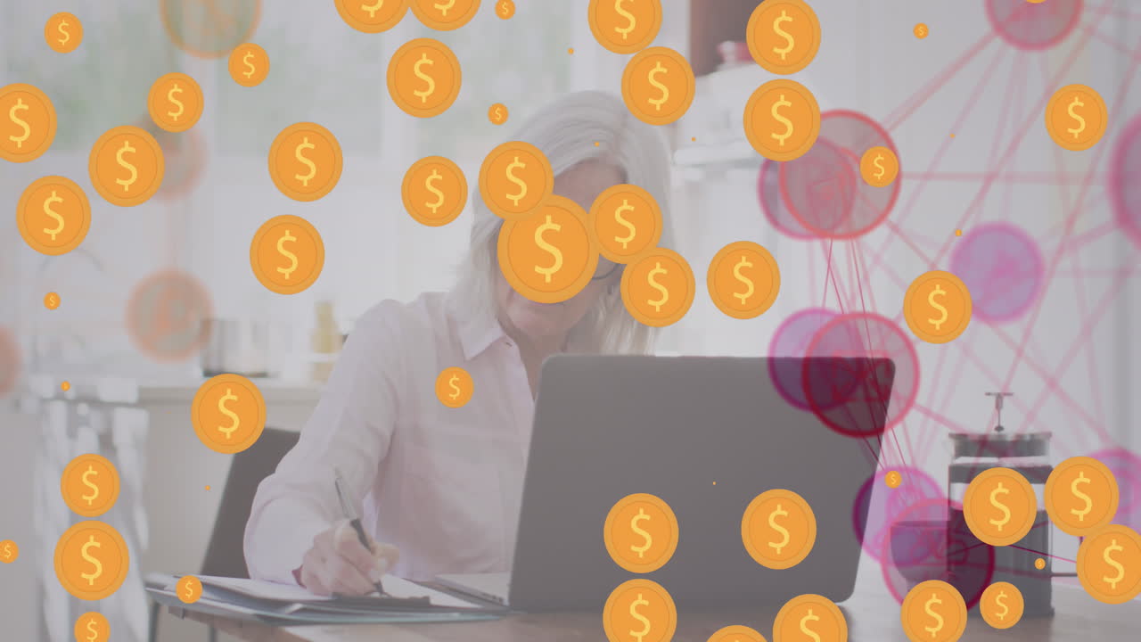 달러 기호의 애니메이션과 서류 작업을 하는 백인 여성에 대한 연결 네트워크