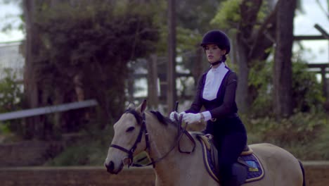 a stunning woman in an equestrian outfit gracefully rides a light brown horse in slow motion