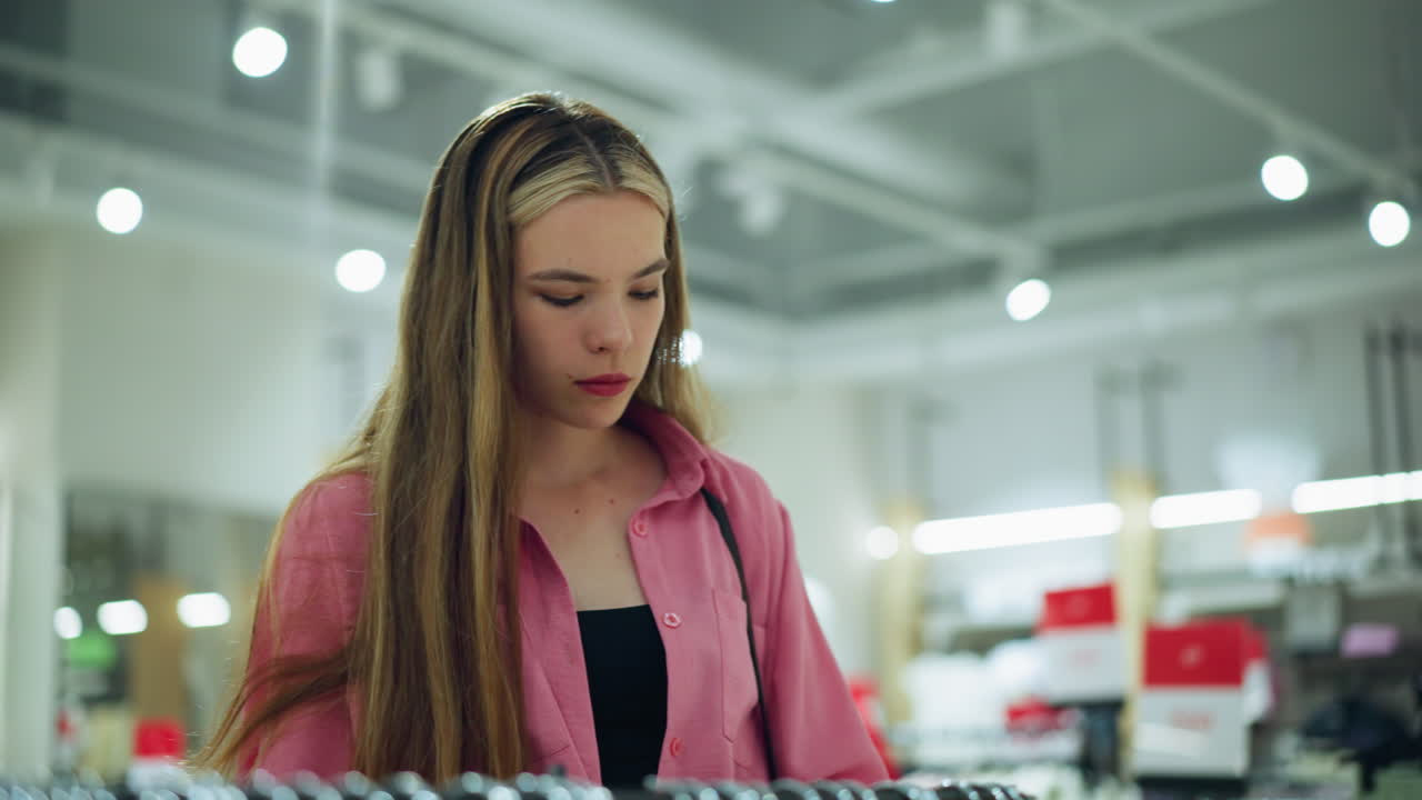 Young lady in pink top, carrying handbag, browses thoughtfully in brightly lit mall, she is focused on something in front of her while blurred lights with clothing racks fill the background