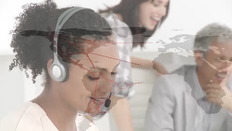 Animation-of-network-of-connection-with-icons-over-business-people-wearing-phone-headsets