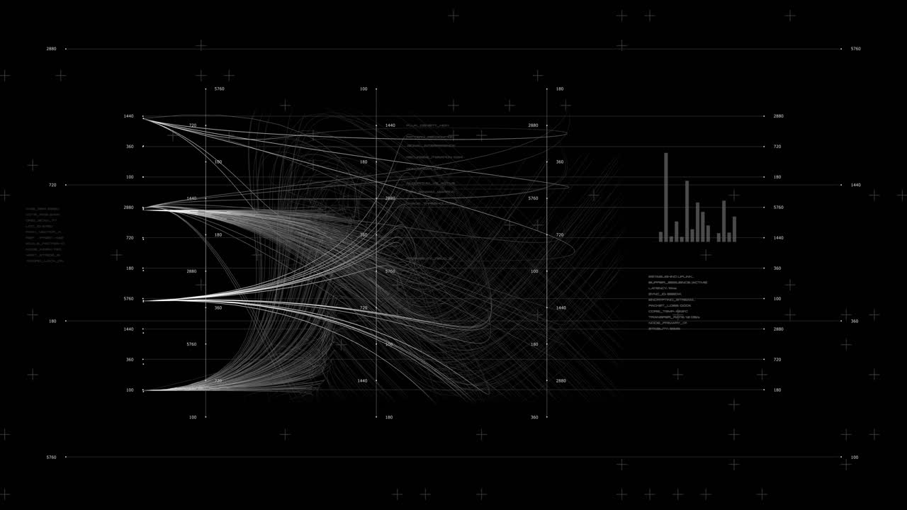 Intricate data visualization UI representing neural mapping or scientific analysis. Clean white lines on black for easy screen compositing