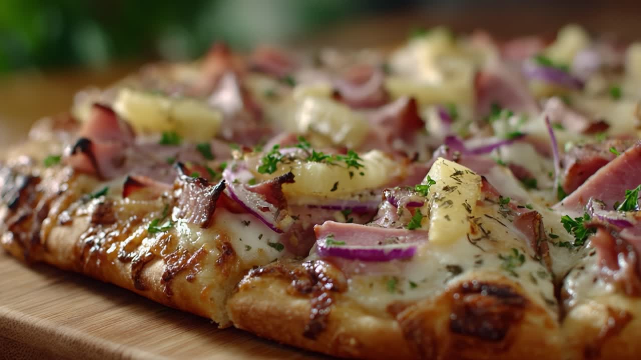 Pizza Hawaiana Squisitamente Cotta, Guarnita con Prosciutto, Ananas, Formaggio ed Erbe Fresche, Perfettamente Dorata e Croccante per un'Esperienza Saporita.