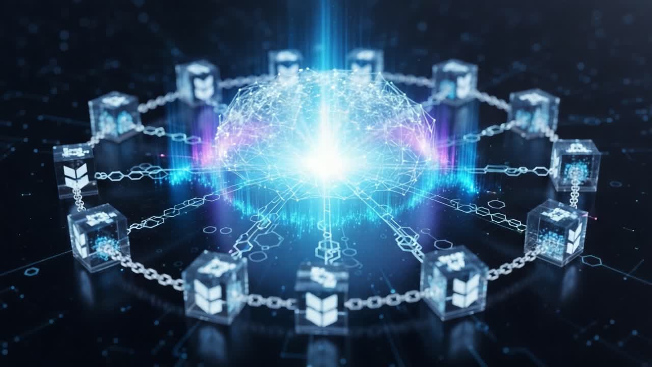 A Dynamic Representation of Blockchain Technology Featuring a Network of Connected Nodes and Digital Cubes Around a Central Light Source, Symbolizing Connectivity and Data Transmission