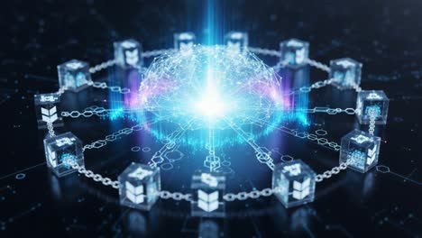 a dynamic representation of blockchain technology featuring a network of connected nodes and digital cubes around a central light source, symbolizing connectivity and data transmission