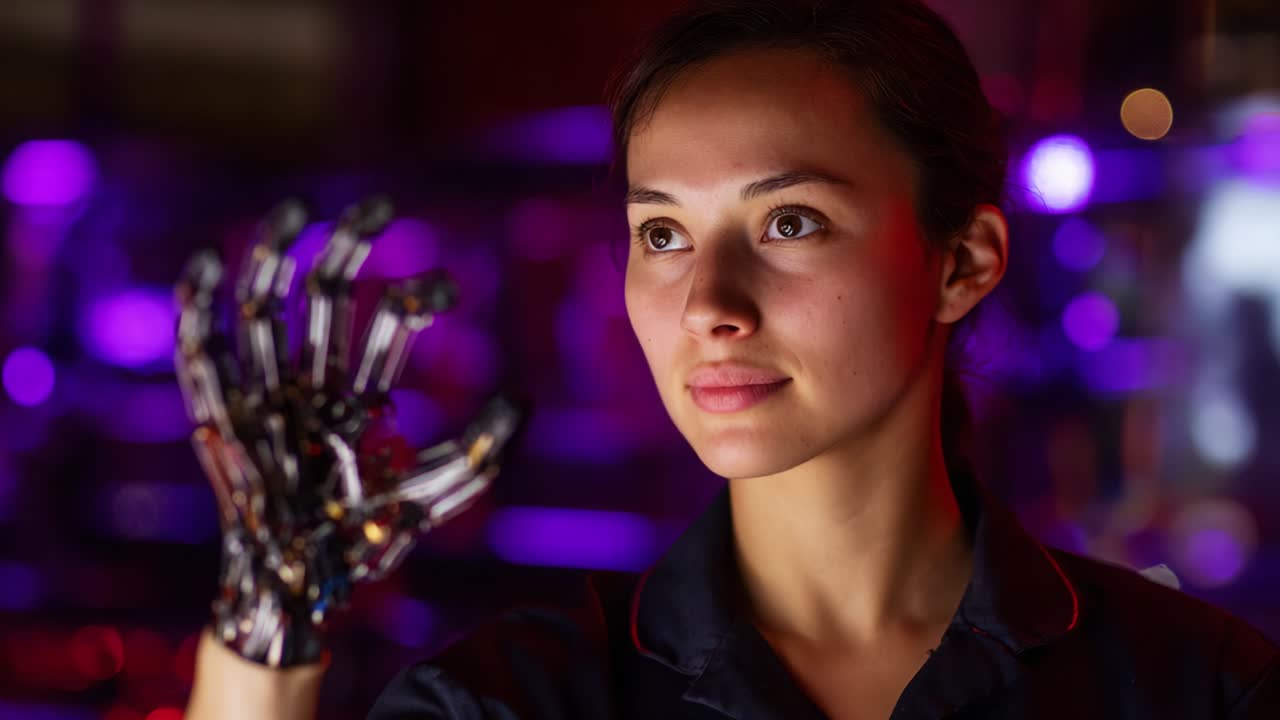 A futuristic human exploration featuring a woman interacting with advanced robotic technology, showcasing the fusion of human intelligence and mechanical precision in a vividly lit environment, emphasizing innovation