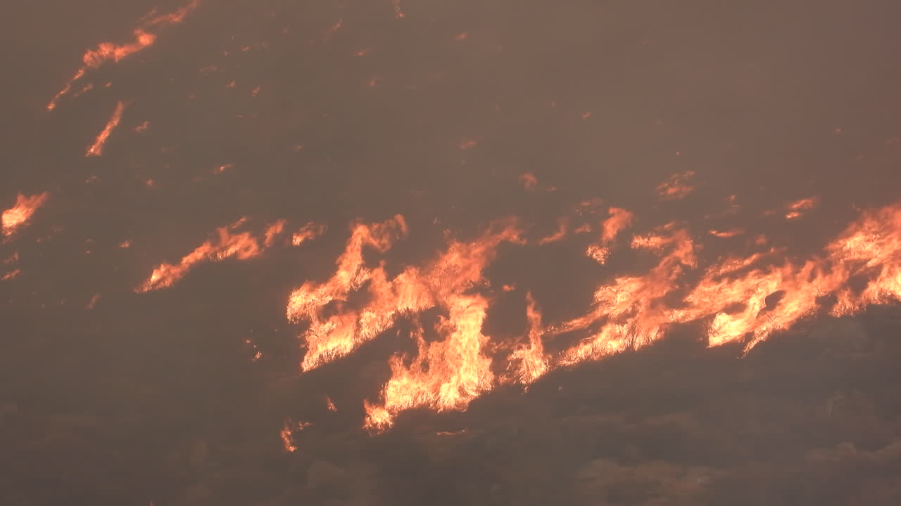 새들이 캘리포니아 헤멧에 있는 프레임을 통해 날아갈 때 덤불을 통해 타는 산불을 닫습니다.