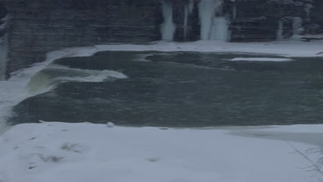 frozen waterfall on river stream, winter season