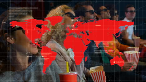 animation of covid 19 data processing over world map and people in 3d cinema