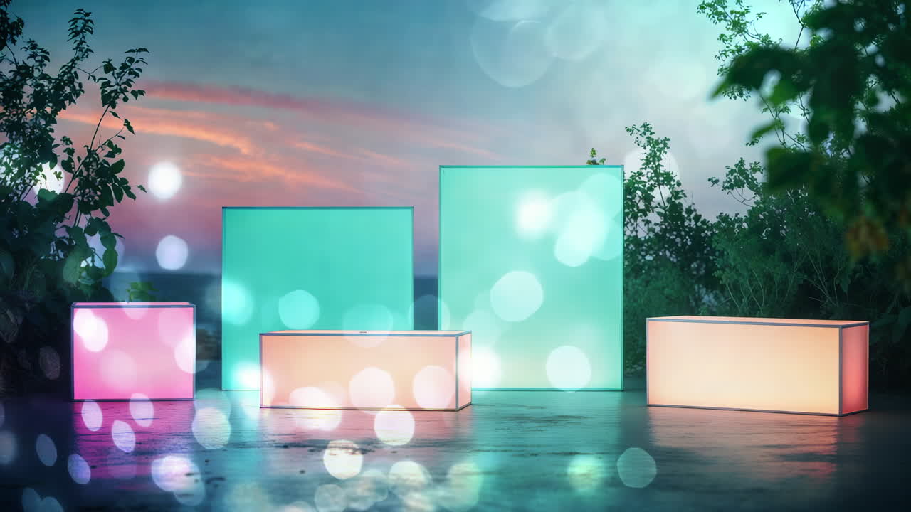 Vibrant Glowing Light Boxes in a Dreamy Outdoor Setting at Dusk