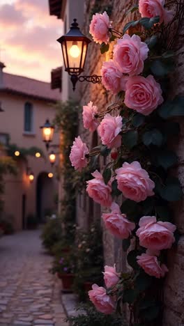 pink roses in a charming european alley at sunset