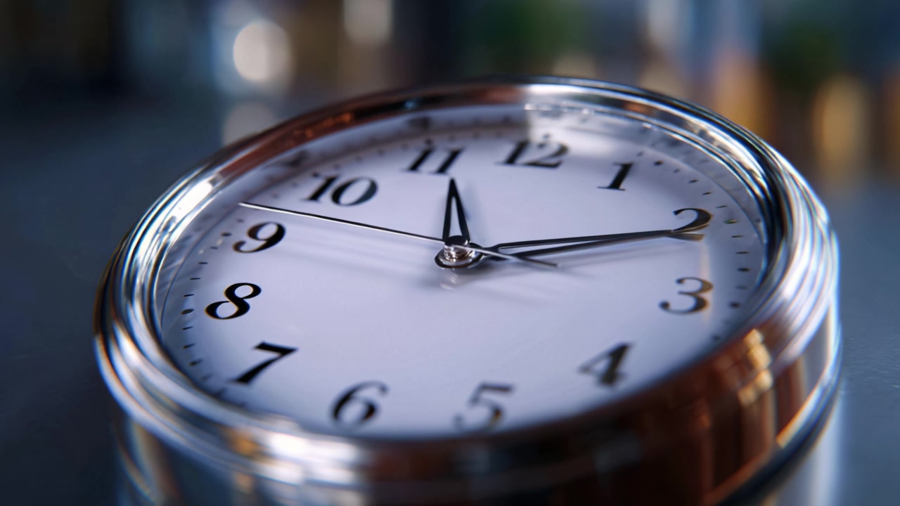A close-up view of an elegant round clock, showcasing its minute and hour hands as they tick toward a specific time, emphasizing the beauty of timekeeping.