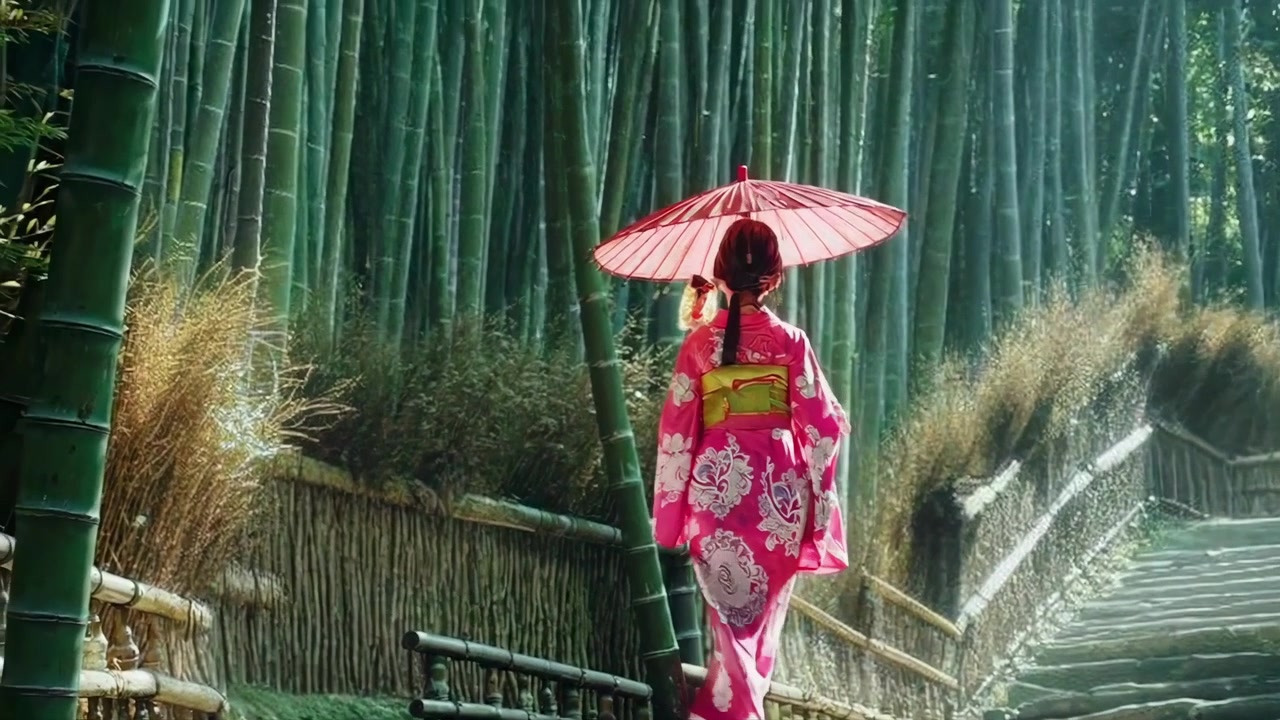 Donna in kimono che cammina con ombrello tradizionale in una foresta di bambù