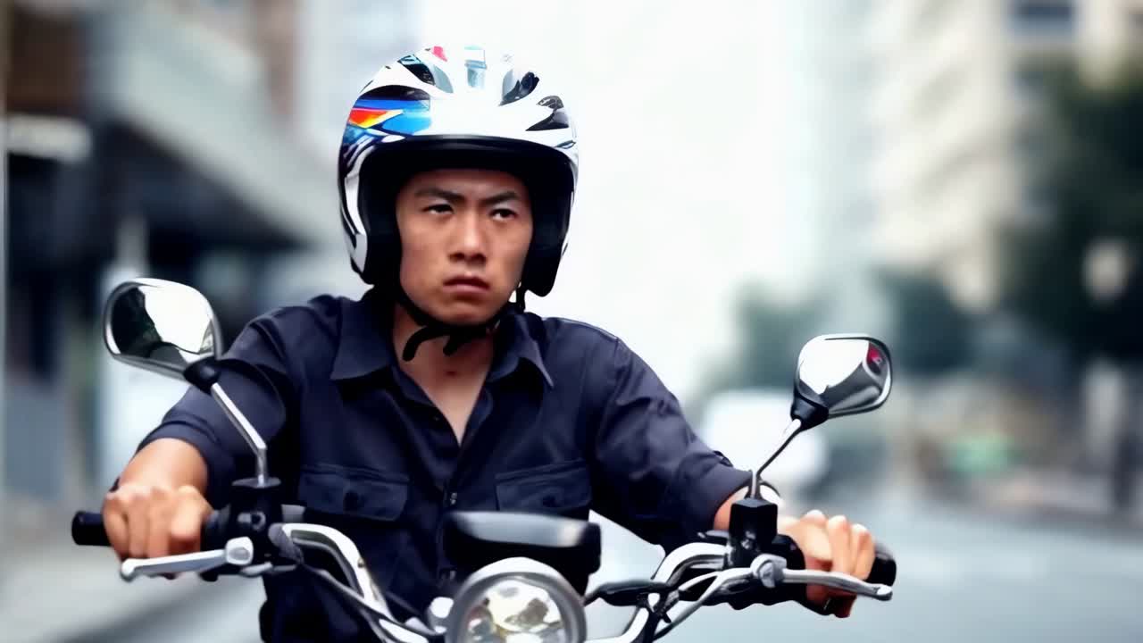 Close-up of an asian young man driver in motorbike.