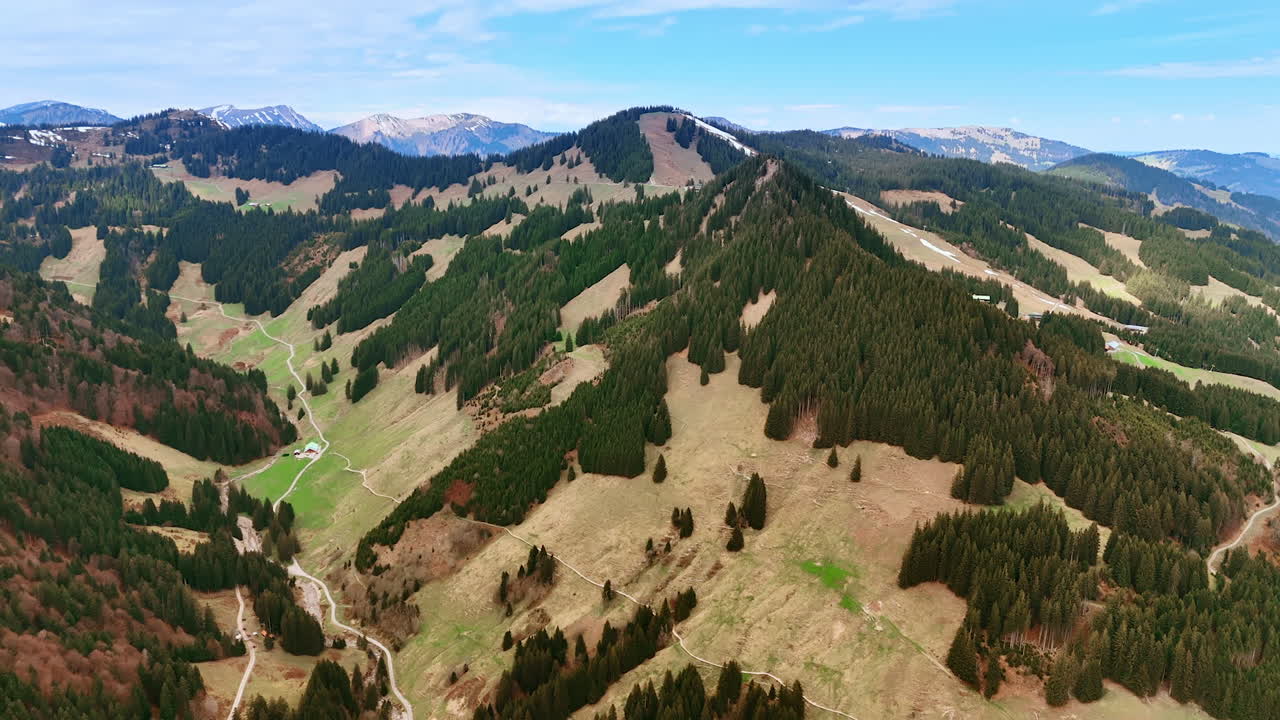 Pine tree forests grow on the slopes of the mighty mountains. Rocky landscape of Bavaria, Germany from aerial view.
