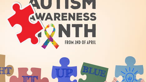 animation of red and yellow puzzle pieces falling over autism awareness month text