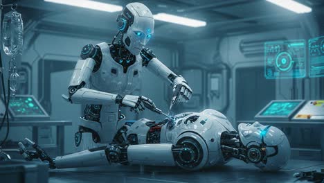 a futuristic scene depicting advanced robotic surgery, showcasing a medical robot performing intricate procedures on another robot in a high-tech environment