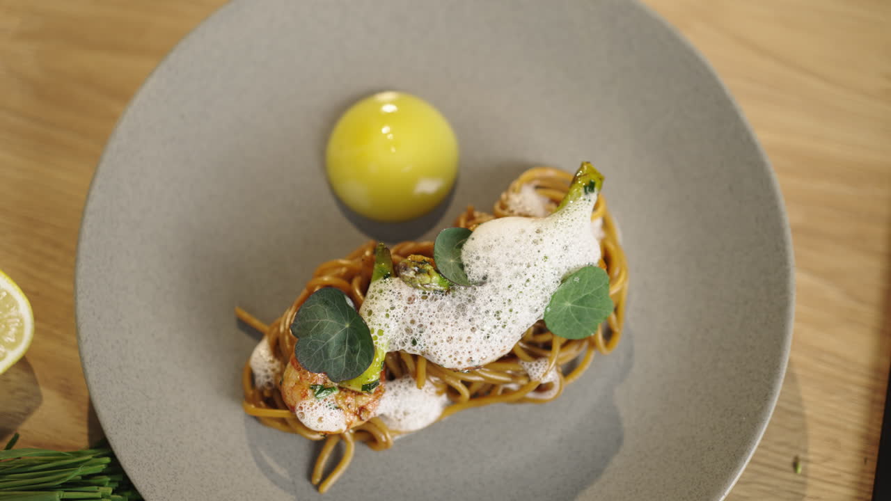 Exquisite gourmet shrimp and noodles dish