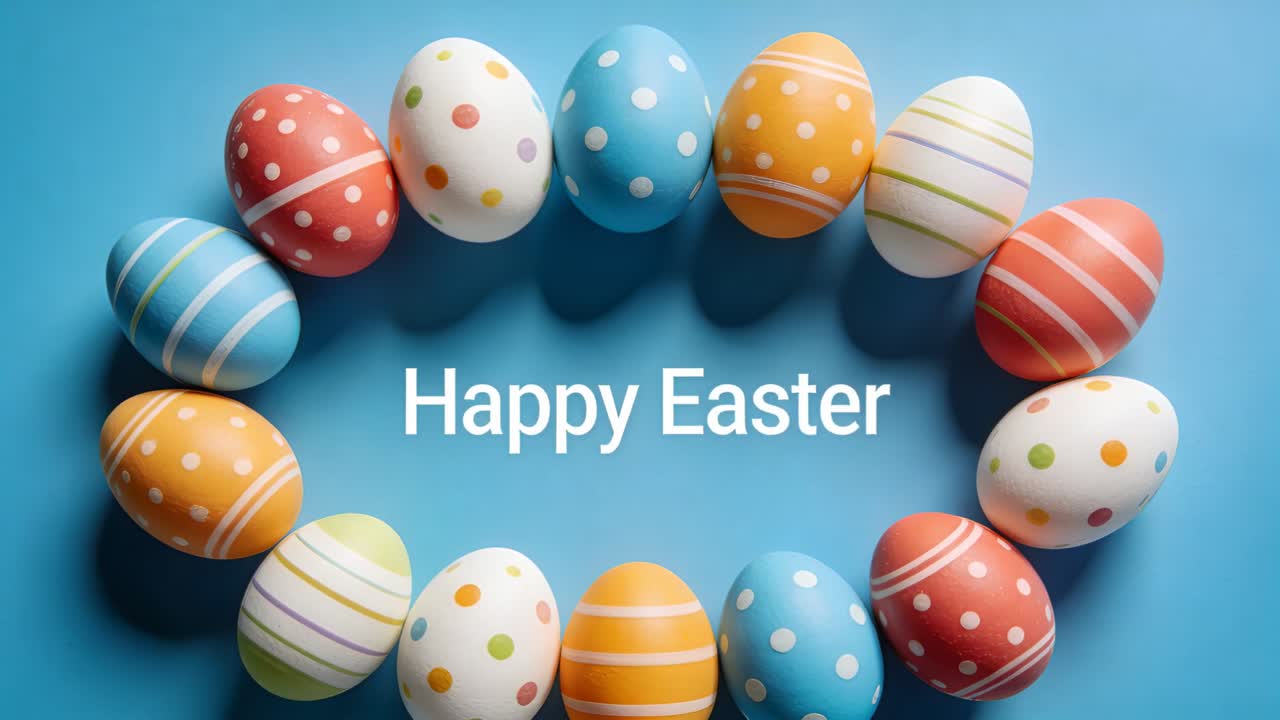 Animazione in loop con un anello rotante di uova di Pasqua che si muove su un ripiano blu, mostrando un augurio di Buona Pasqua.