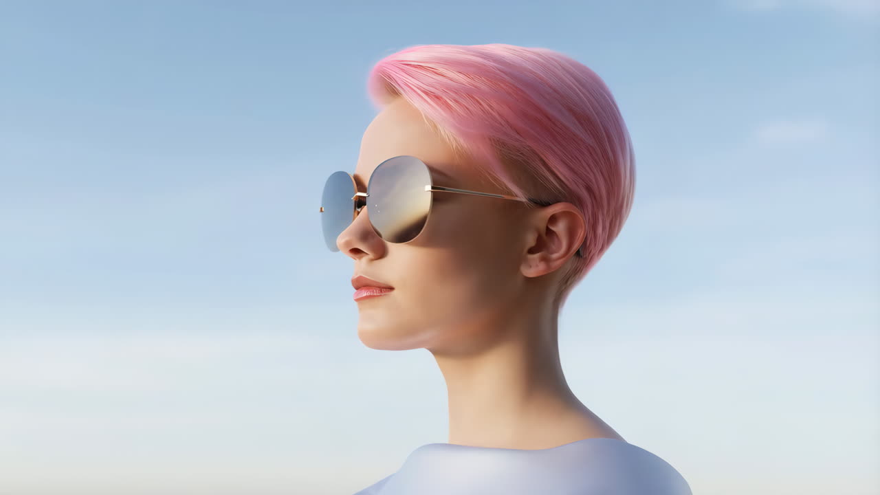 Profile Portrait of a Woman with Pink Hair and Sunglasses Against a Blue Sky