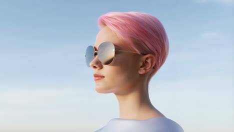 profile portrait of a woman with pink hair and sunglasses against a blue sky