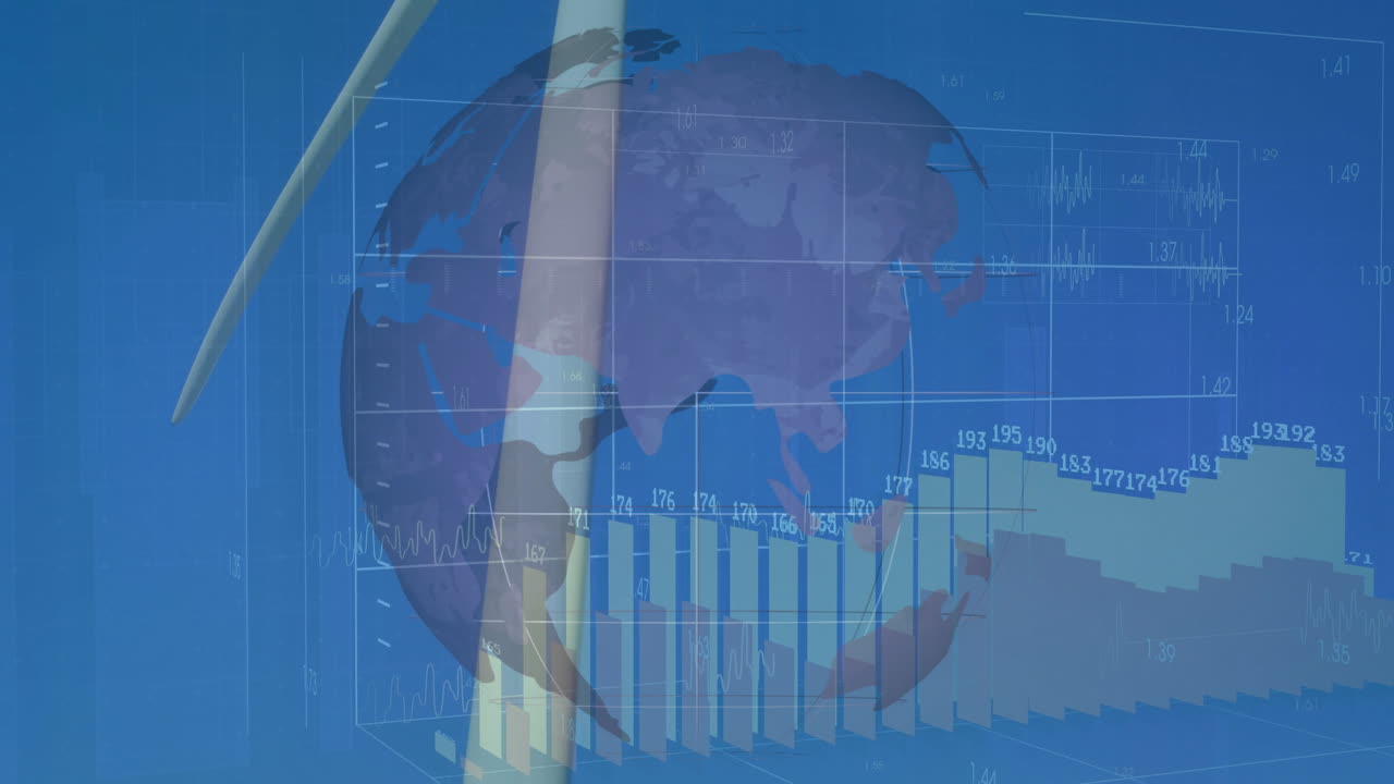 Data visualization presenting wind turbine, globe, 3D charts and line graphs in digital panel