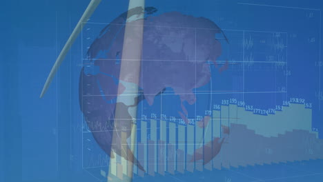 data visualization presenting wind turbine, globe, 3d charts and line graphs in digital panel