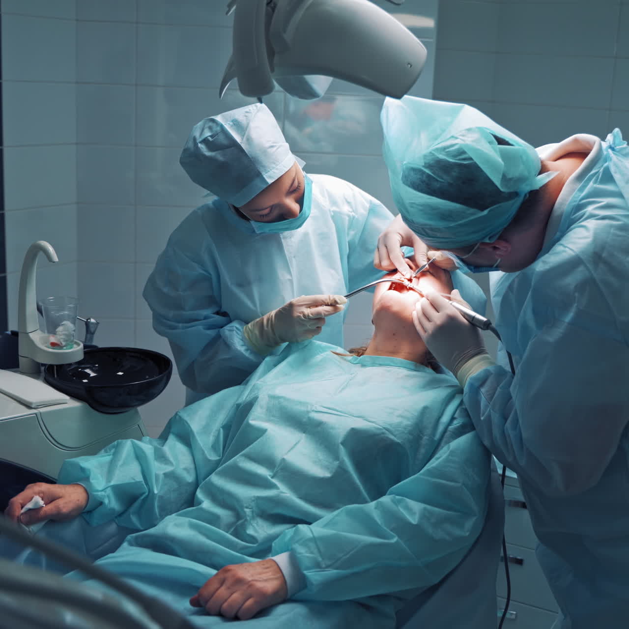 Dentist during a dental intervention with a patient. Dental clinic concept.