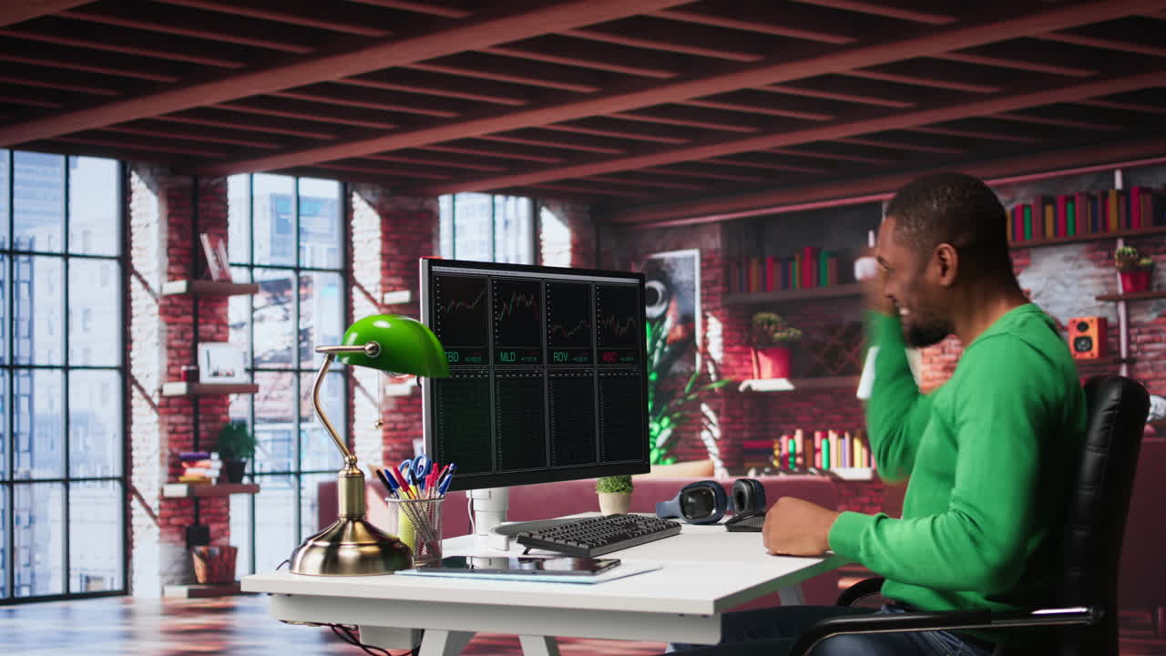 Vertical Video Cheerful day trader gaining money via stock market exchange