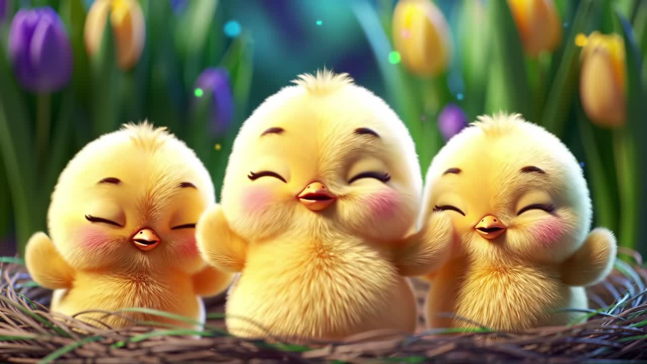 Adorable Chick Trio in a Colorful Nest Surrounded by Blossoming Flowers, Radiating Joy and Happiness in a Whimsical Spring Atmosphere