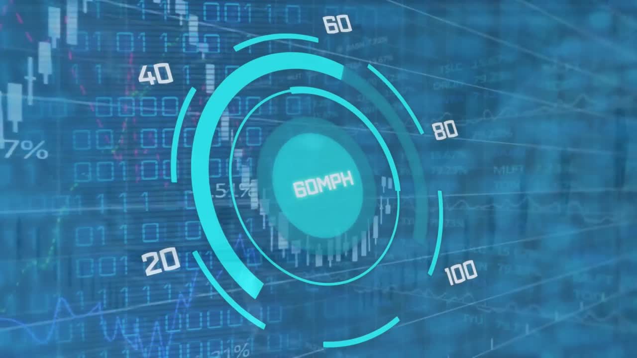 Animation of car speedometer over binary coding against financial and stock market data processing