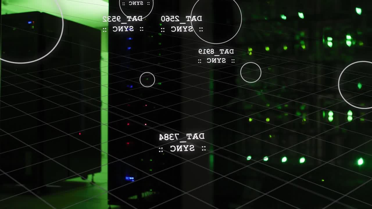 Vertical video: Panning camera framing rack left in server room showing green LEDs HUD, copy space