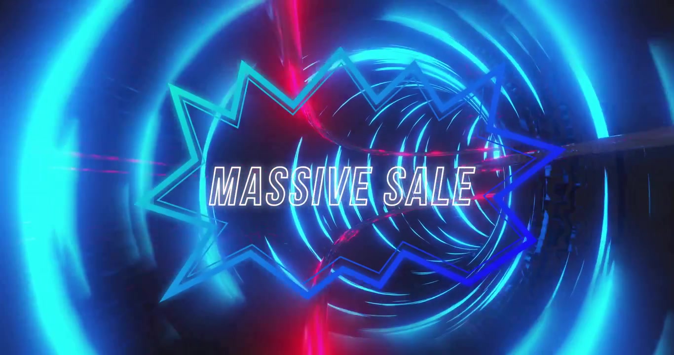 Animação de texto de grande promoção sobre um fundo com padrão neon.