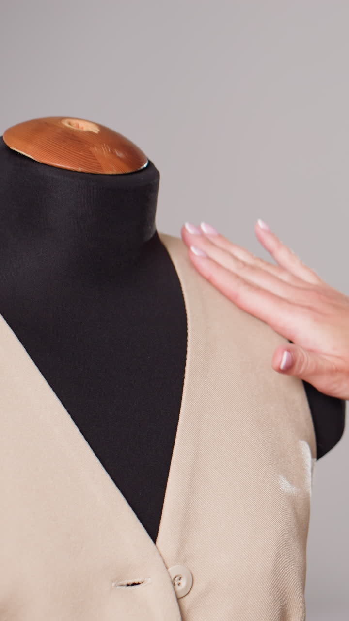 primer plano de unas manos blancas abrochando un chaleco beige en un maniquí negro, abotonado y ajuste de la lazada cuidadosos, ojal y tejido texturizado visibles, costuras de precisión e inspección final bajo una luz suave de estudio