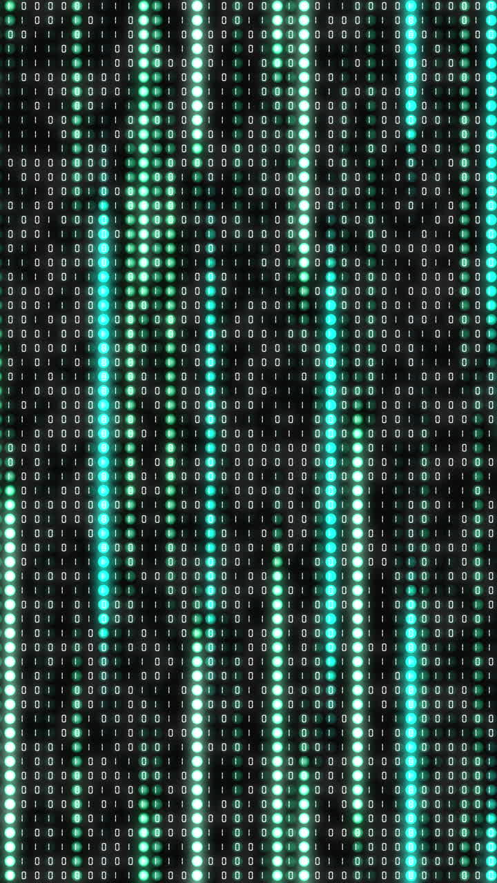 Variable digital computer code of ones and zeros. Looped animation with binary code in diodes. Vertical video.
