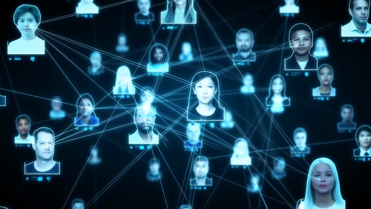 Digital Network Of Asian Faces Connecting Global Professionals Through Holographic Profiles And Glowing Data