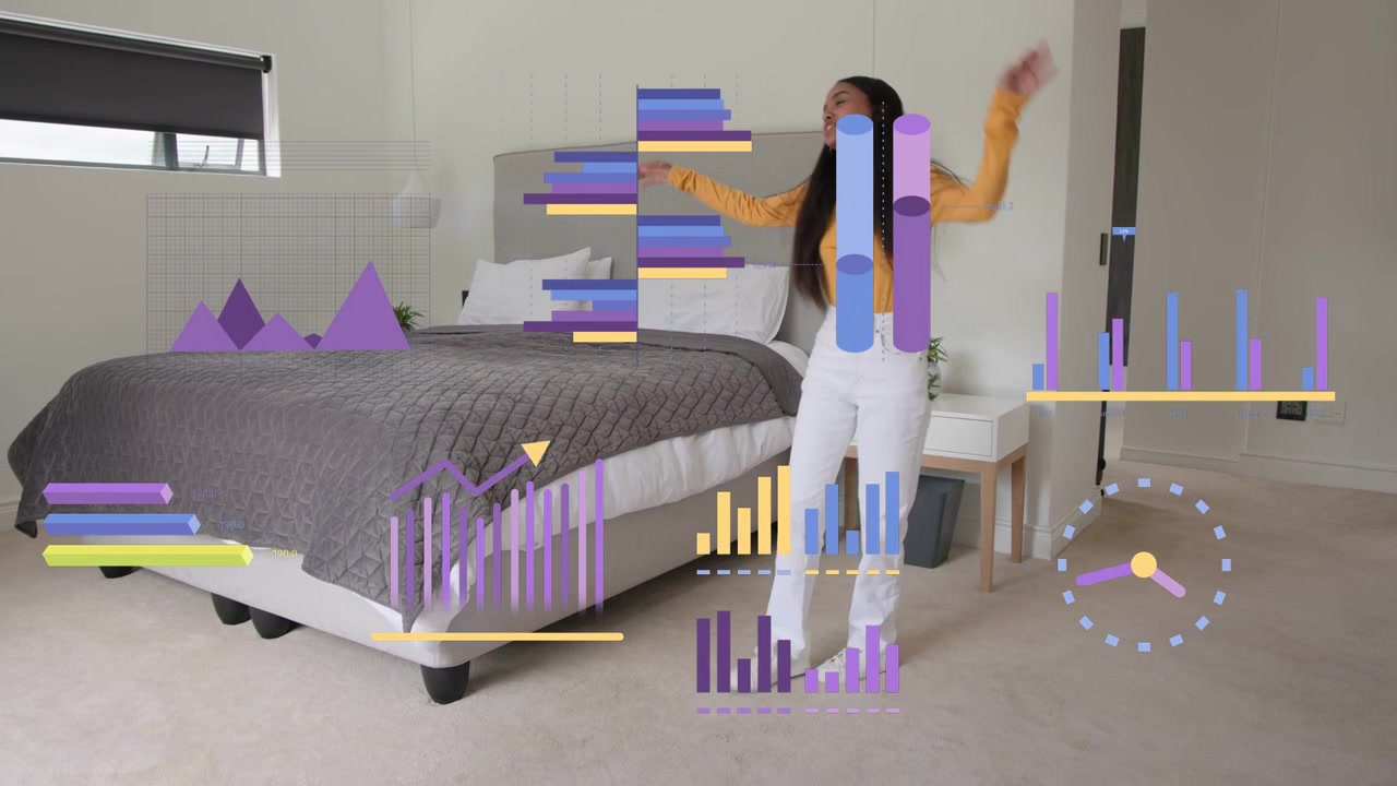 Woman entering doorway, walking and dancing across bedroom with faint charts overlaying for design