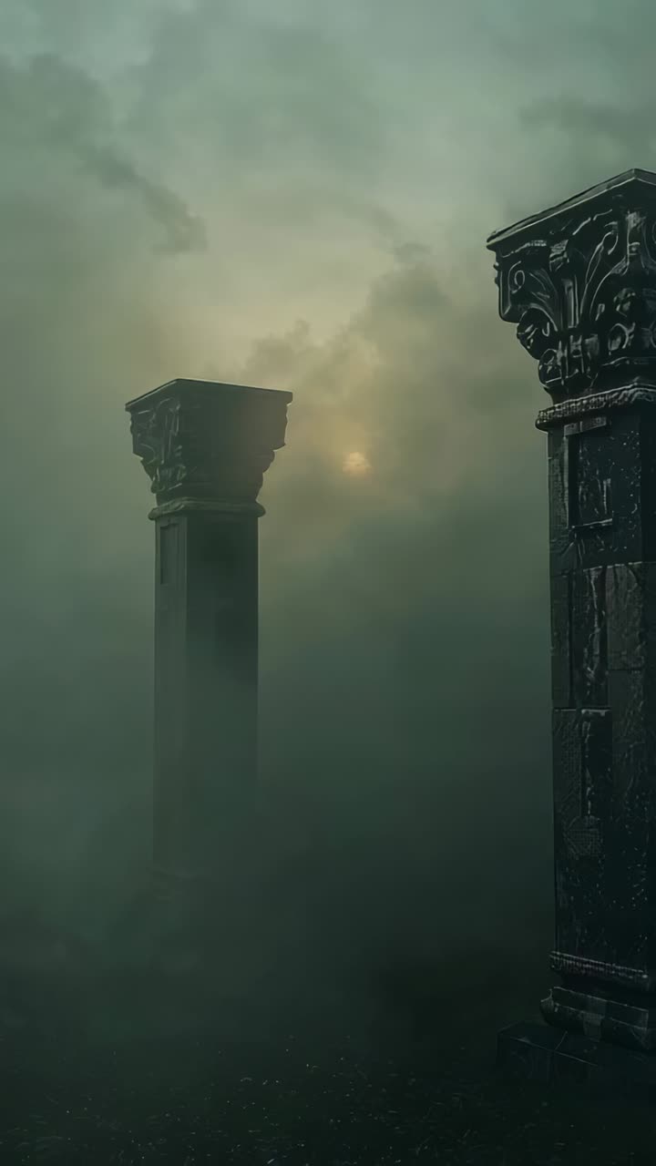 Vertical video: Sun brightening and fog thinning revealing tall column at ruin, with carved capital