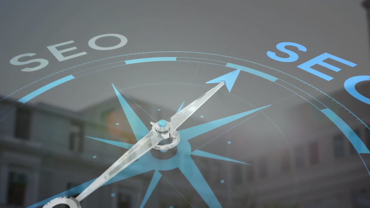 SEO compass animation over cityscape background