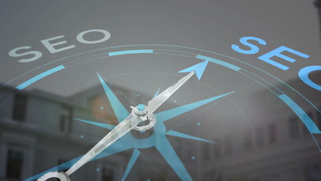 seo compass animation over cityscape background