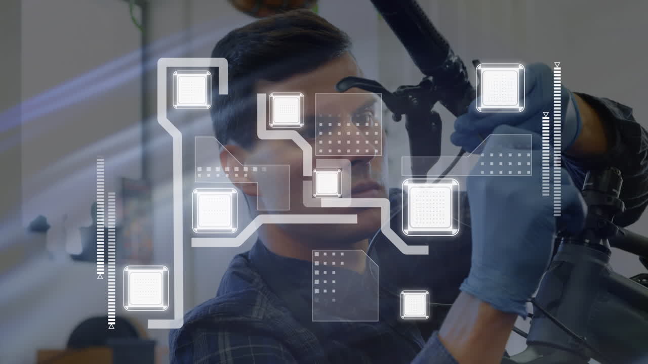 animación de una placa de circuito de computadora sobre un hombre biracial reparando una bicicleta