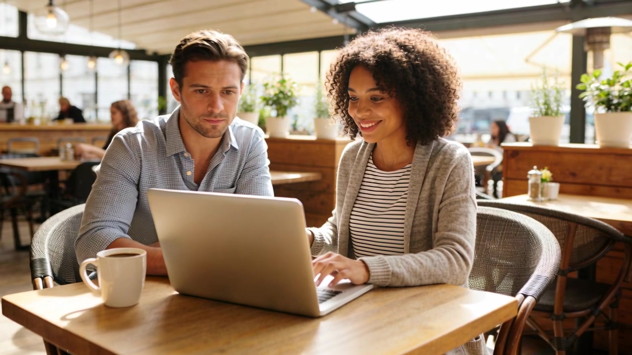 Seeing laptop content, couple leaning in, woman typing and sipping while working at cafe, two mugs