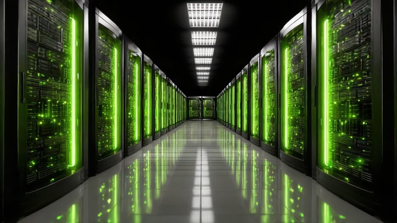 Futuristic Data Center with Illuminated Server Racks: A Journey Through High-Tech Infrastructure and Advanced Computing Technologies