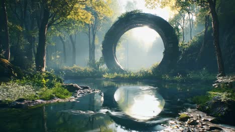 a forest scene with a bridge over a stream in the middle of it