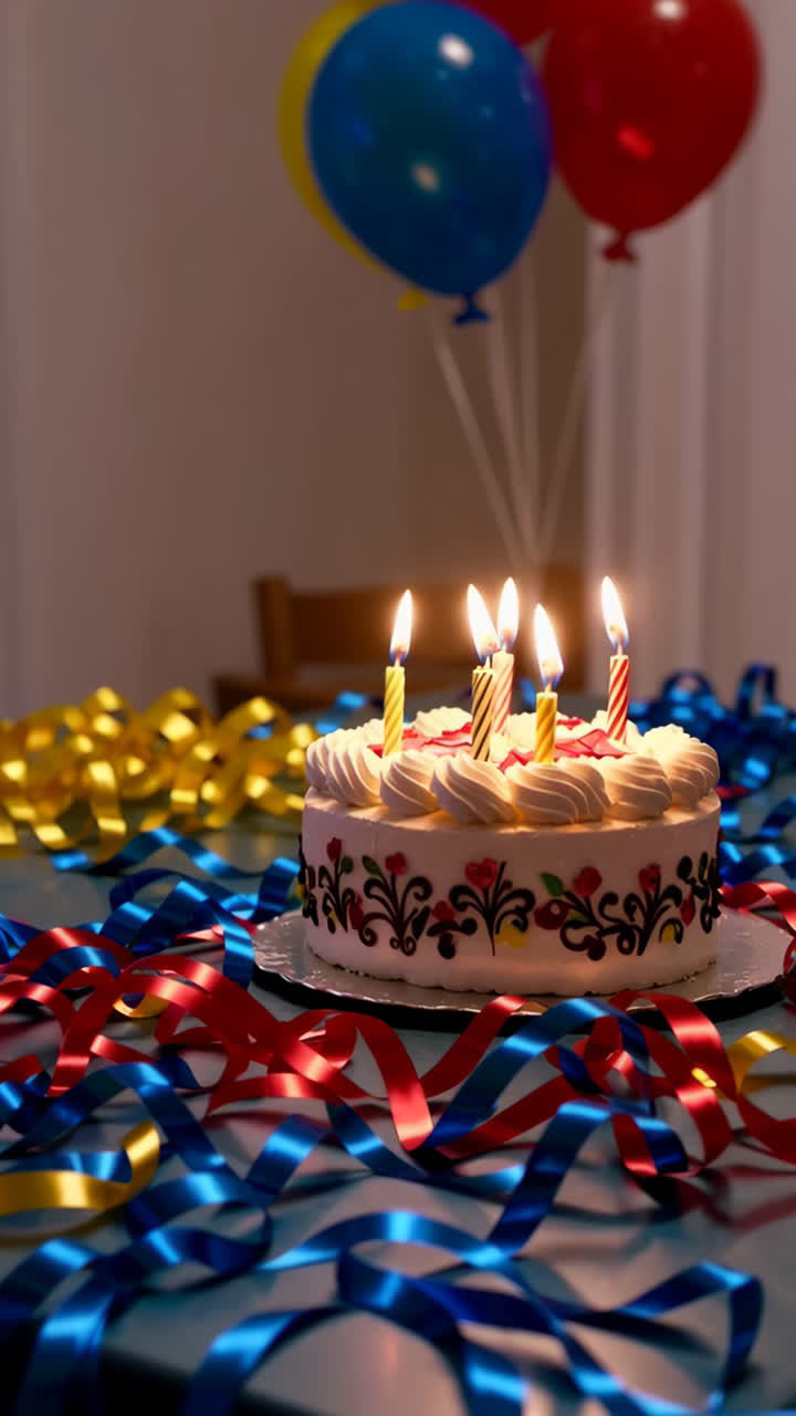 Birthday Cake with Balloons and Ribbons