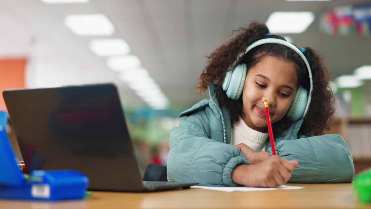 Girl studying in library with laptop and headphones