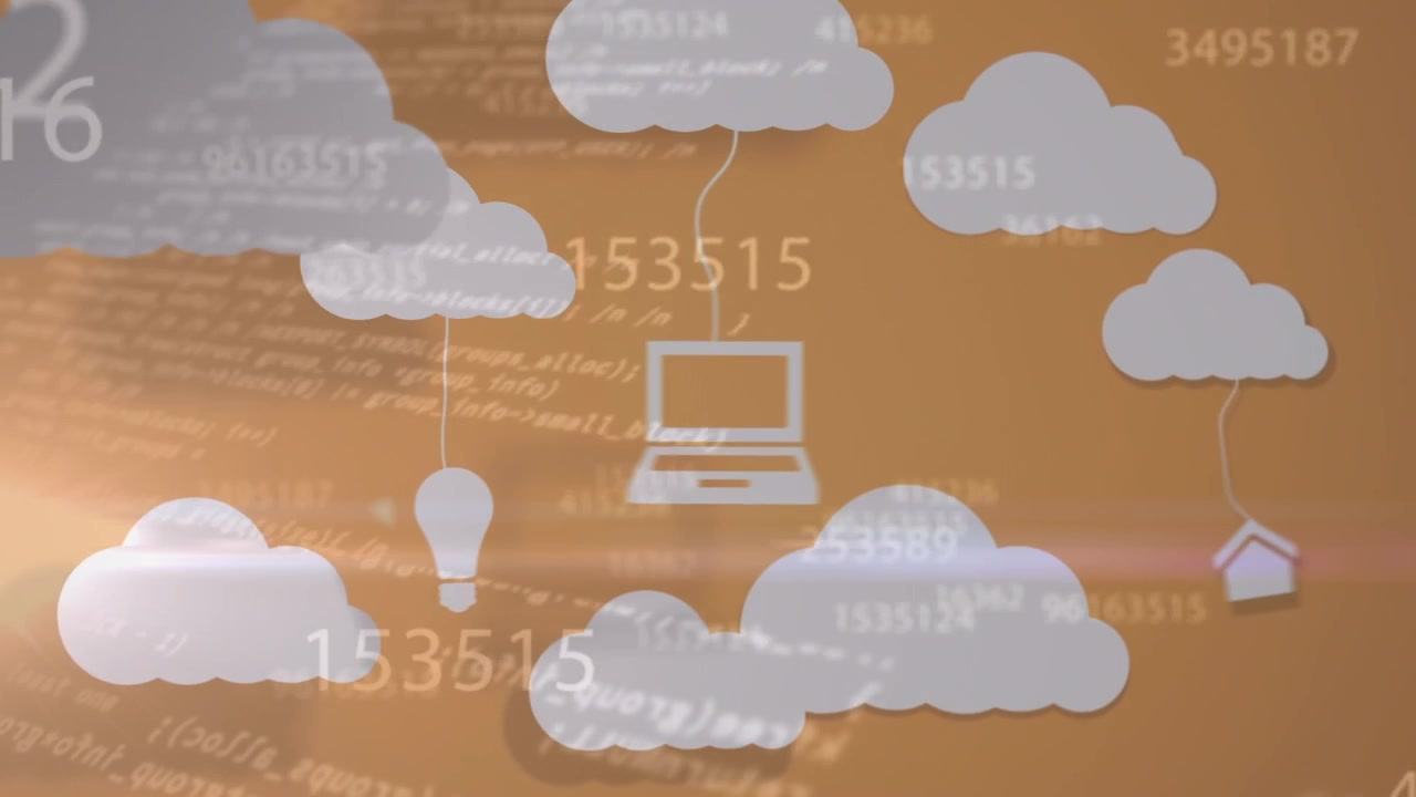 Animation of digital clouds, numbers and data processing on orange background